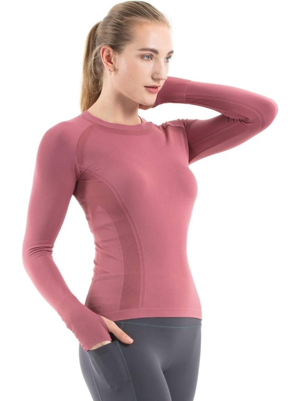 Women's Brick Red Seamless Workout Shirts Long Sleeve Yoga Tops Sports Slim Fit
